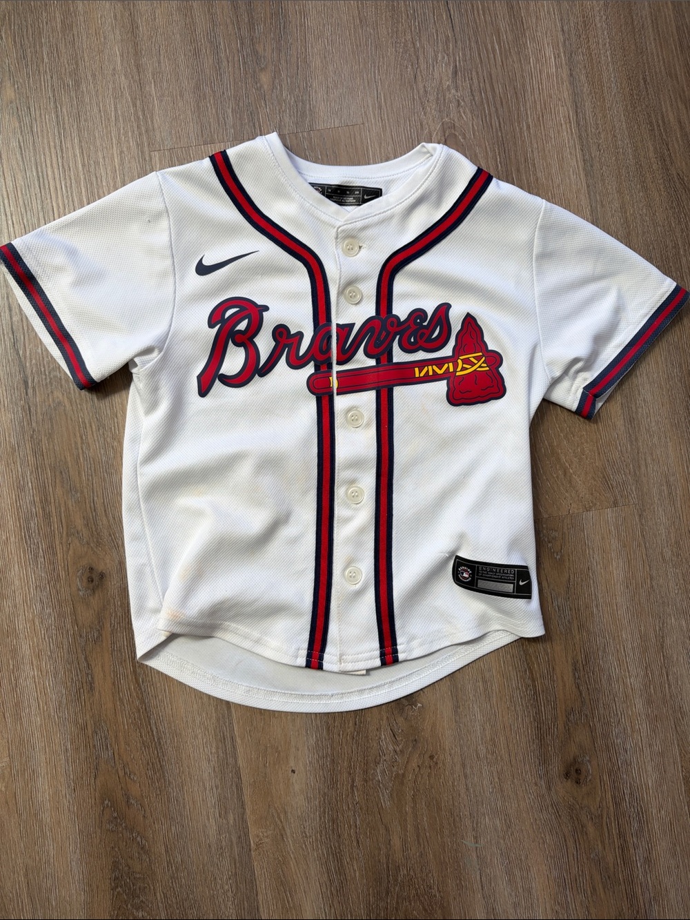 Nike Kids White Atlanta Braves Ronald Acuna Jersey with Red and Navy Trim